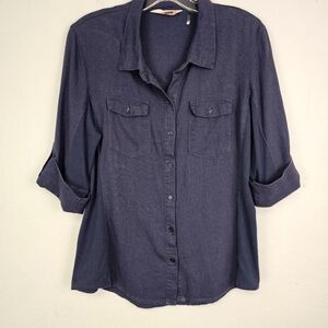 Ci Sono Linen Blend Shirt Blue Button Front Mixed Media Sz XL Coastal Grandma